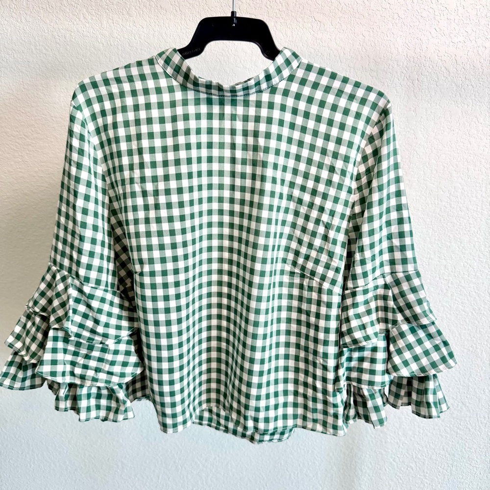 Anthropologie Green Gingham Ruffle Sleeve Blouse